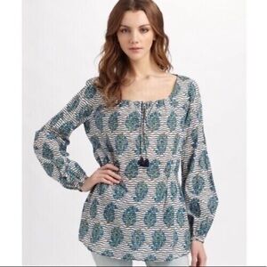 Tory Burch 6 Evelina Tunic Top Boho Cotton Tie Neck Long Sleeve Women's Beachy